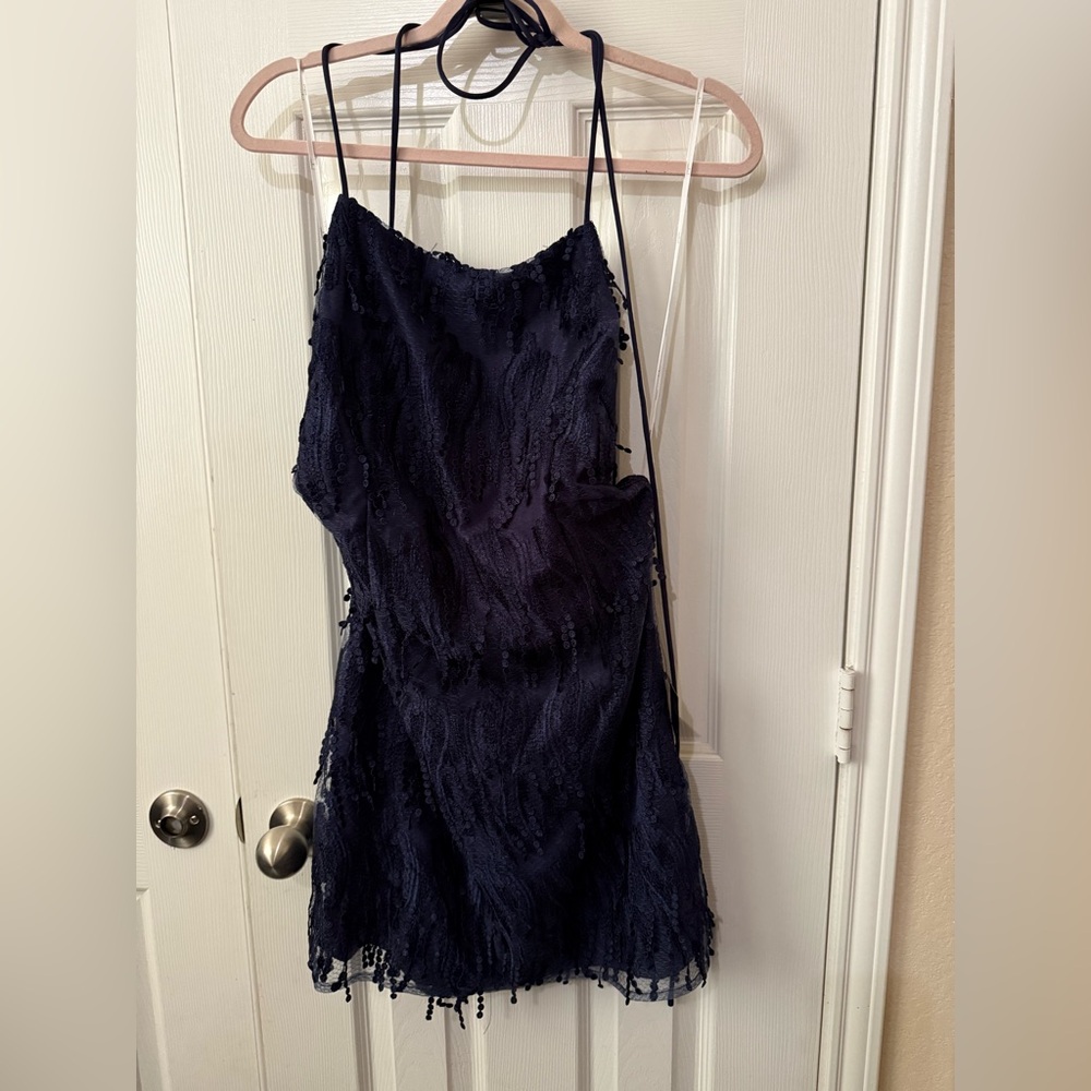 NWT Lulus Making Magic Navy Blue Fringe Lace-Up Mini Dress XL
